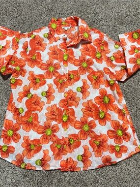 Modaposa Vibrant Floral Bold Orange Floral Button Down Women’s Large Flowy Airy